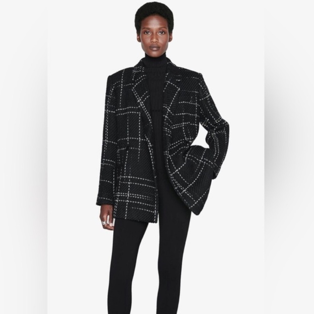 Anine Bing Kaia Double Breasted Blazer Black Plaid Size Small